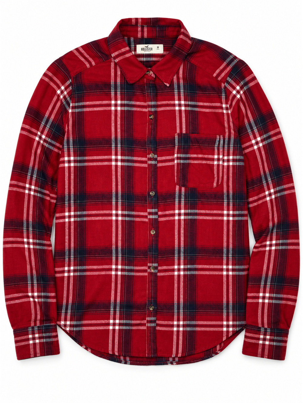 Hollister Women's Red and Navy Plaid Button-Up Shirt Medium